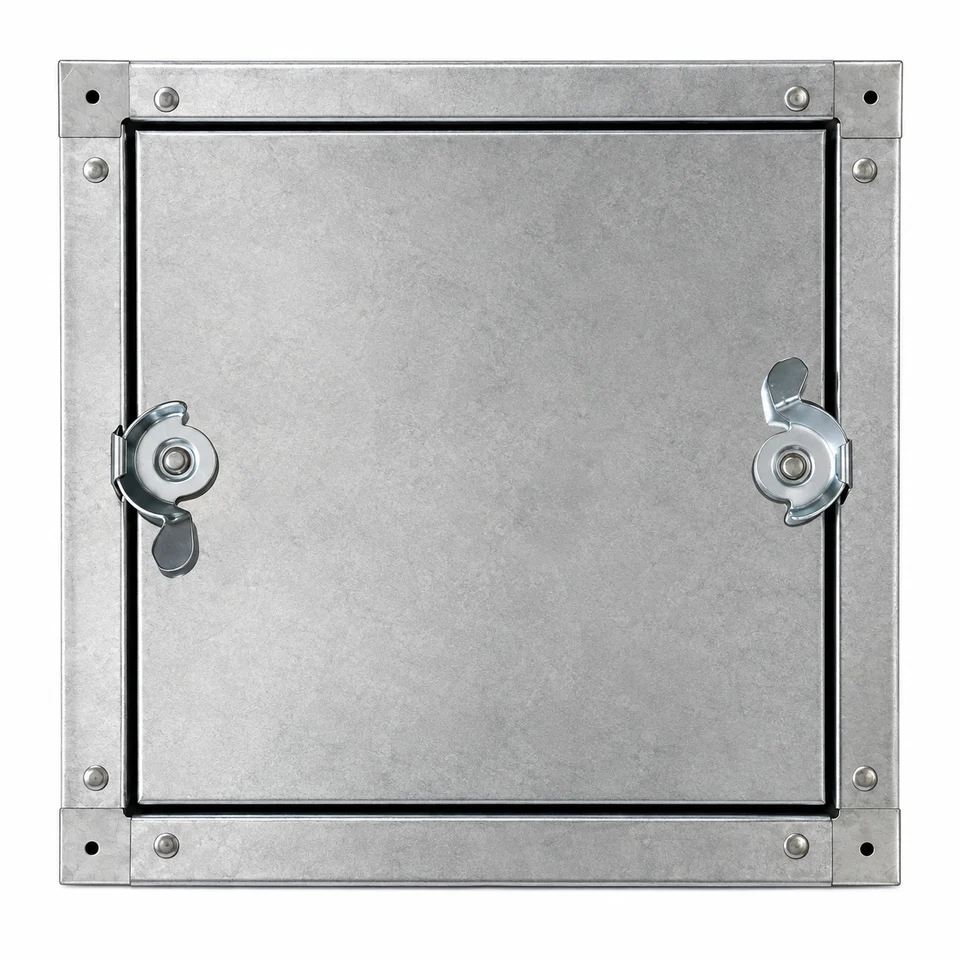 Rectangular metal duct access panel with two fastening latches